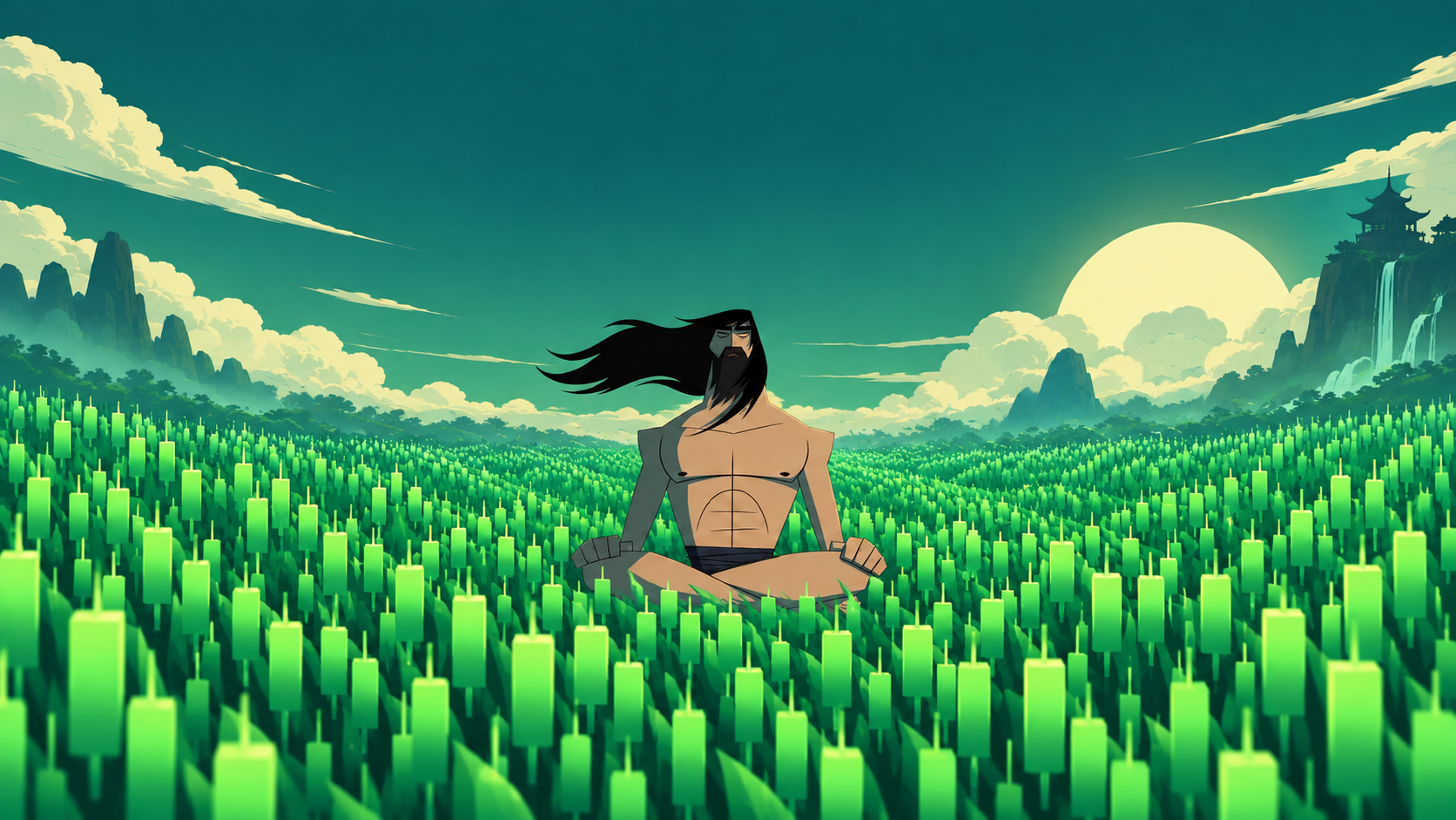 A samurai meditating in a field of green candlesticks, beneath mountains and the setting sun